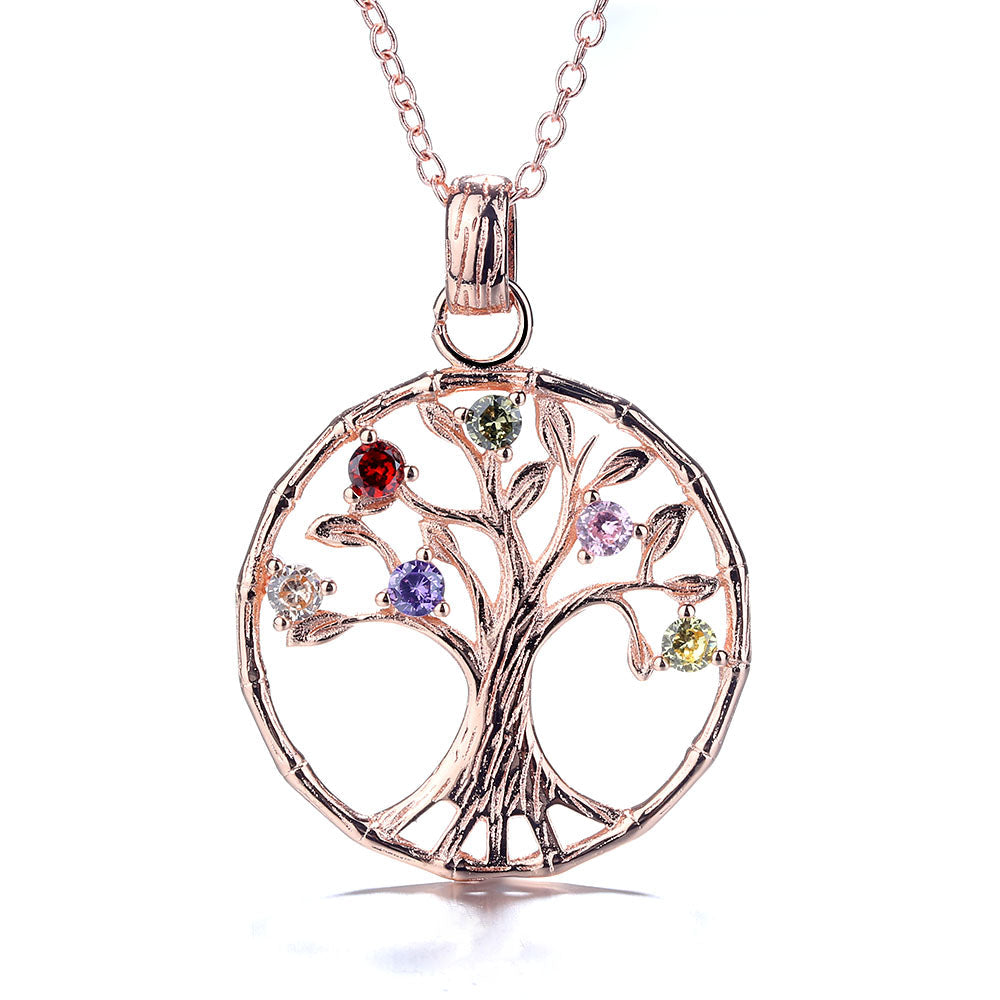 18K Rose Gold and Sterling Silver Multi-Color Gemstone Tree of Life Pendant Necklace