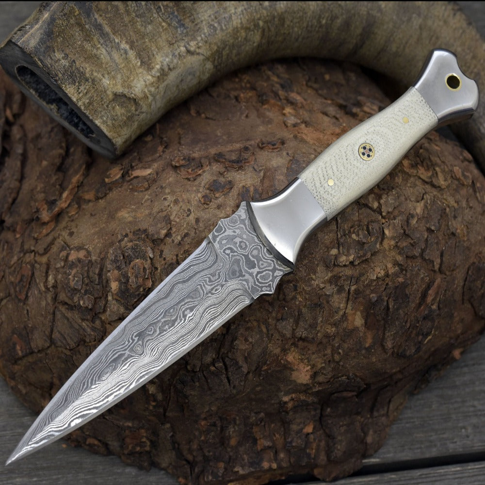 Prowler Damascus Hunting Fixed Blade Knife with G10 Handle & Leather Sheath