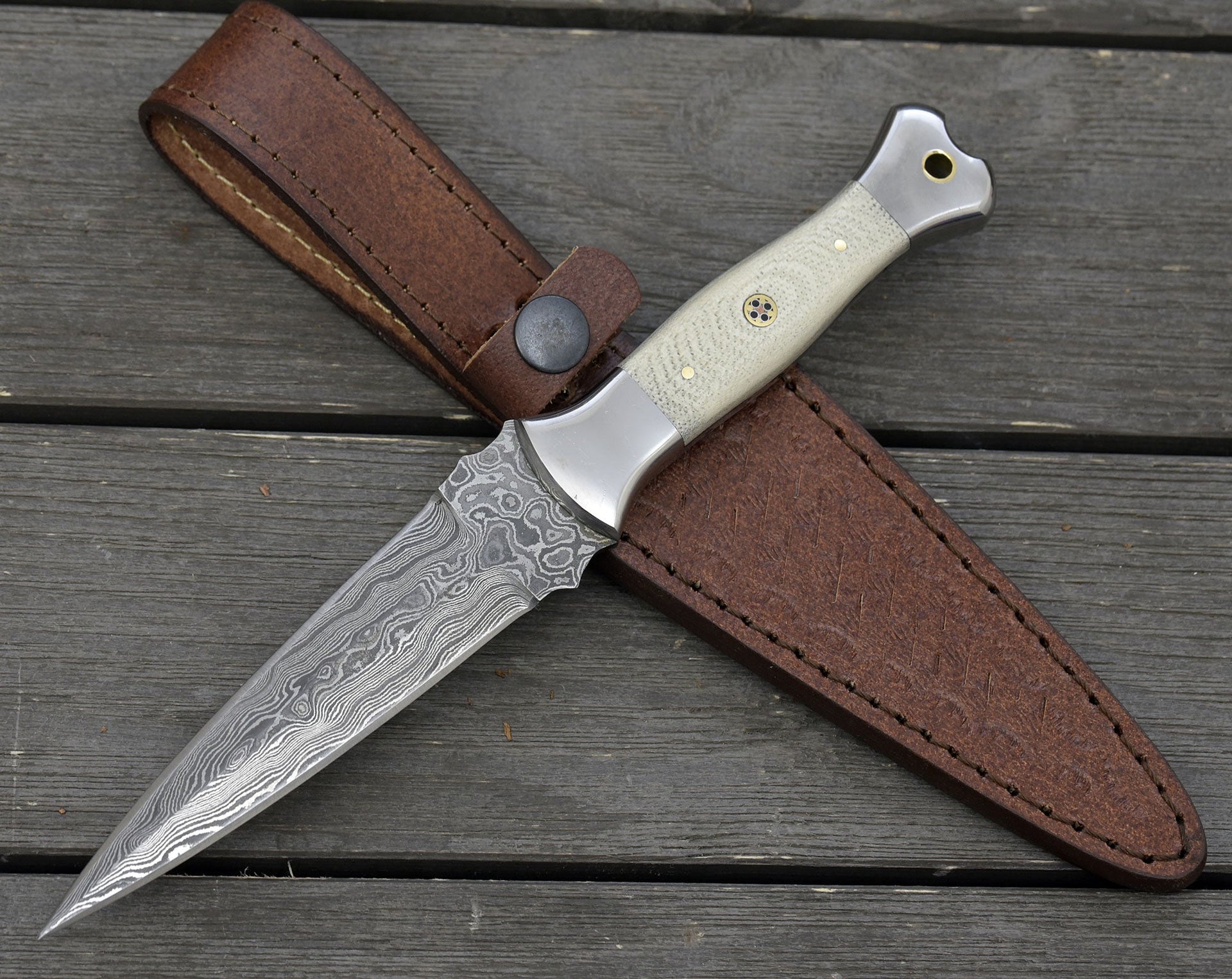 Prowler Damascus Hunting Fixed Blade Knife with G10 Handle & Leather Sheath