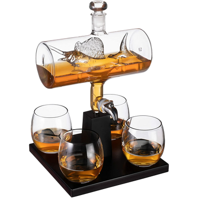Swordfish & Sailfish Wine &Whiskey Decanter Dispenser and 4 Liquor Glasses - Fishing & Boat Decanter & Glass Set - Fishing Gifts for Men Bourbon & Scotch Decanter for Alcohol - Fisherman Gifts for Dad