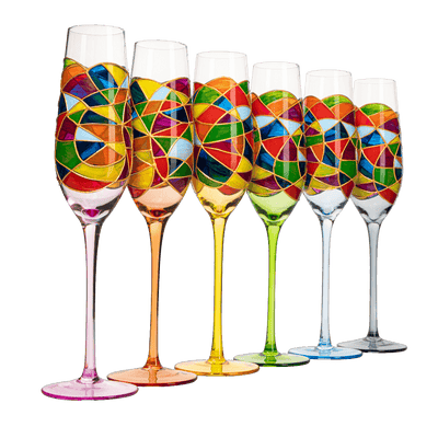 Stained Glass Champagne Flutes Set of 6 Hand Painted - Wine Savant - Hand Blown 7 Ounce Colorful Renaissance Champagne Glasses - 10.2