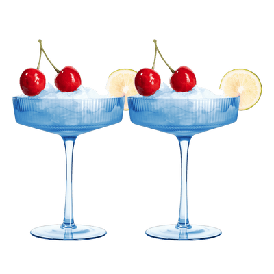 Ribbed Coupe Cocktail Glasses 8 oz | Set of 2 | Classic Manhattan Glasses For Cocktails, Champagne Coupe, Ripple Coupe Glasses, Art Deco Gatsby Vintage, Crystal with Stems (Blue, Set of 2)