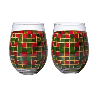 The Wine Savant Crystal New Years Artisanal Hand Painted Stemless Glasses Set of 2 - Rennesance Romantic Stain-glassed Windows - Festive Holiday Perfect for Holidays Parties, Gifts for Him & Her