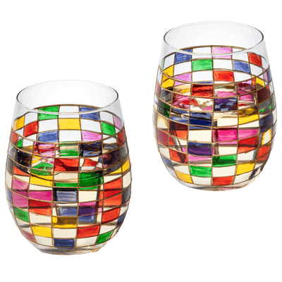 Renaissance Stained Wine Glasses Set of 2 by The Wine Savant - Festive Colorful Coffee Cups, Stained Window, Multicolored, Home Bar Gift, Colored Drinkware, Rainbow Glassware (Stemless)