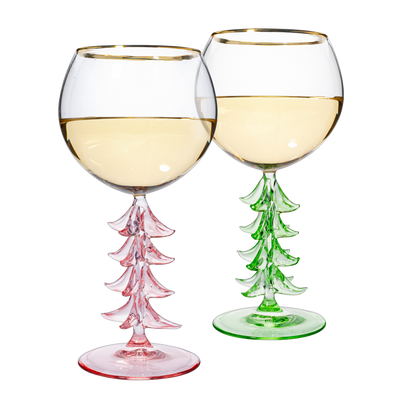 Crystal Christmas Holiday Tree Stemmed Wine Glass - Pink & Green - 12oz Goblet Bordeaux Gold Rim Colored Glassware, Cheerful Party Festive New Years Cheer for Holiday Gift Xmas & Winter Season