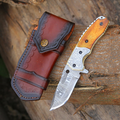 Reckoner Damascus Pocket Knife with Charred Bone Handle
