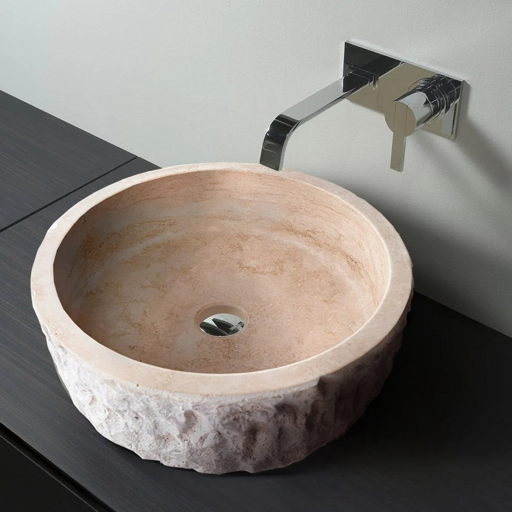 Denizli Beige Travertine Rustic Stone Vessel Sink Honed Interior Hand Chiseled Exterior (D)16