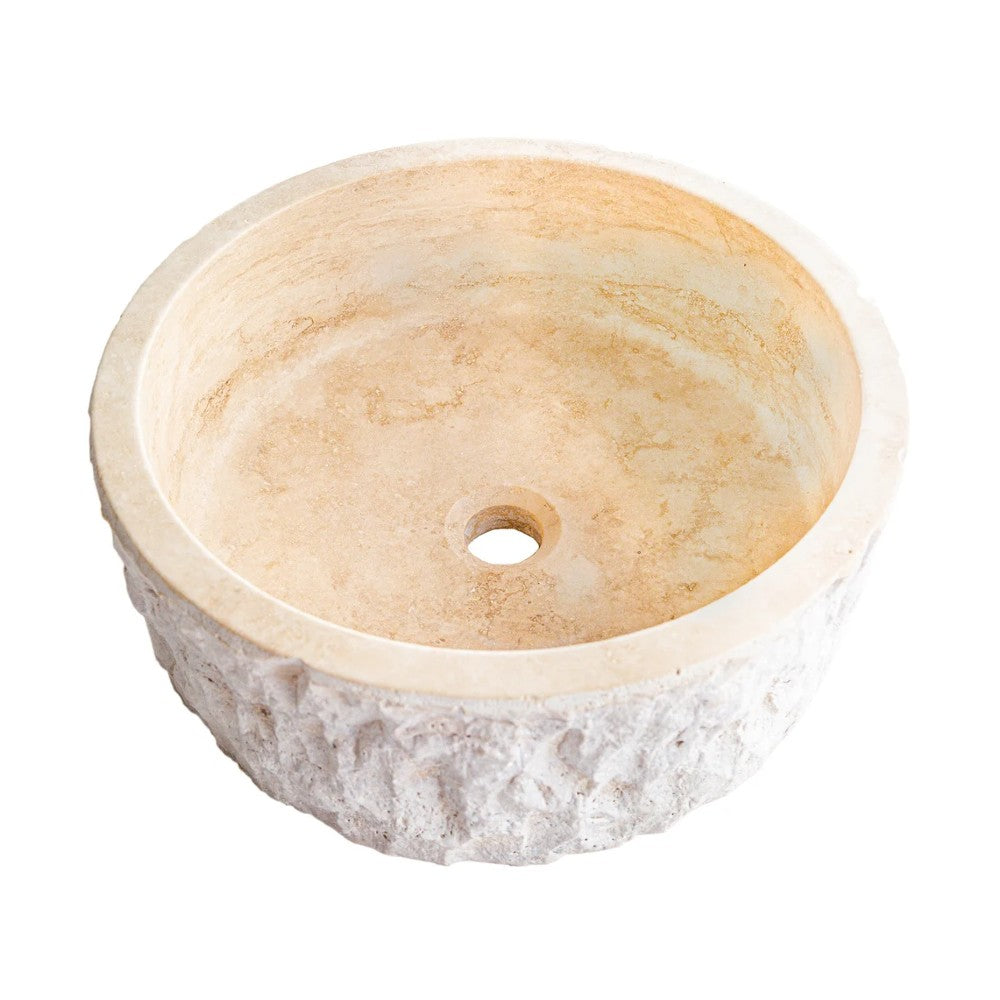 Denizli Beige Travertine Rustic Stone Vessel Sink Honed Interior Hand Chiseled Exterior (D)16
