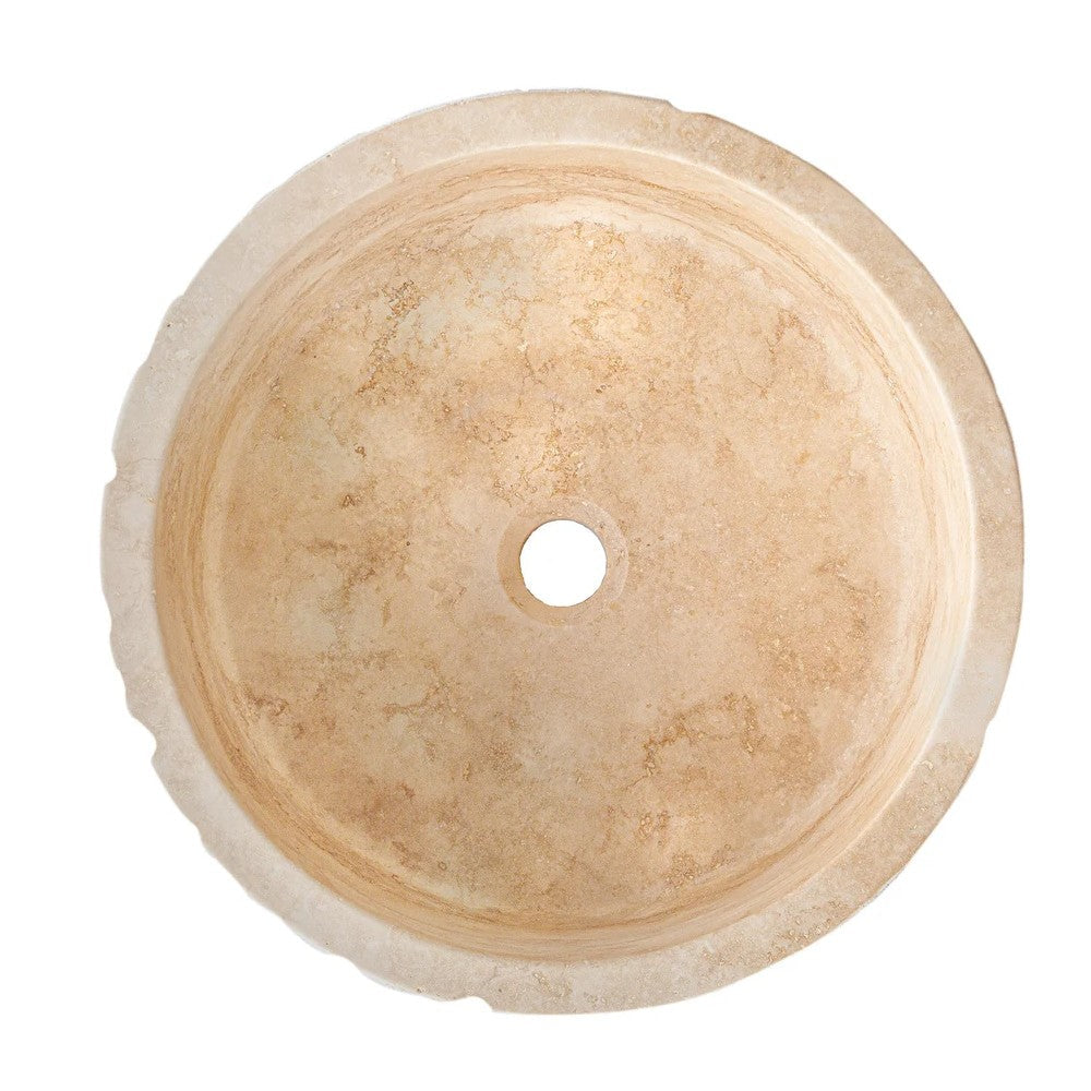 Denizli Beige Travertine Rustic Stone Vessel Sink Honed Interior Hand Chiseled Exterior (D)16