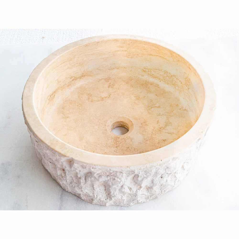 Denizli Beige Travertine Rustic Stone Vessel Sink Honed Interior Hand Chiseled Exterior (D)16