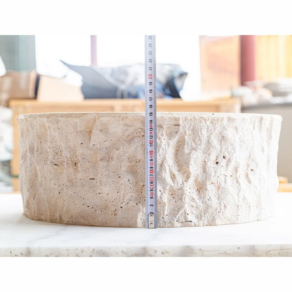 Denizli Beige Travertine Rustic Stone Vessel Sink Honed Interior Hand Chiseled Exterior (D)16
