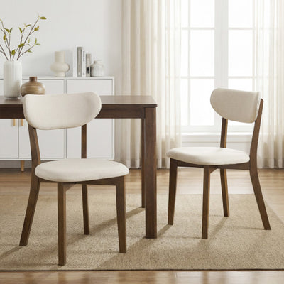 Dining Chairs Set of 2 Upholstered Mid-Back Chairs with Solid Rubber Wood Frame-White
