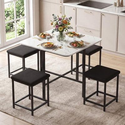 Dining Table Set with 4 Upholstered Stools and Metal Frame-White