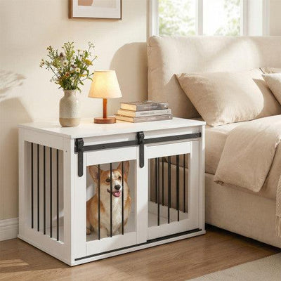 Dog Crate Furniture Heavy Duty Dog Kennel with Sliding Barn Door-White