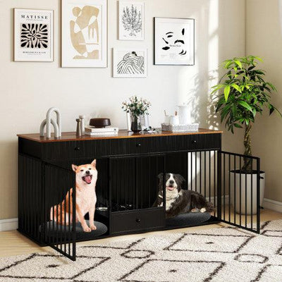Dog Crate Furniture Indoor Modern Dog Kennel with Divider 3 Drawers and Pull-out Feeder-Black