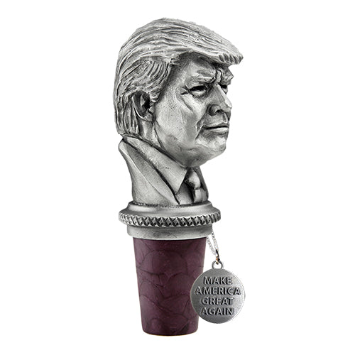 Bottle stopper with a metallic bust of a famous person and a 'Make America Great Again' tag on a white background