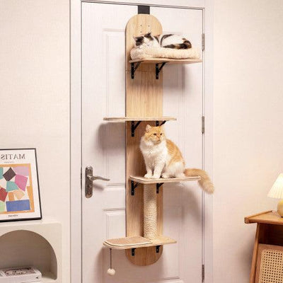 Door Hanging Cat Climber 4-level Height Adjustable with Plush Bed-Beige