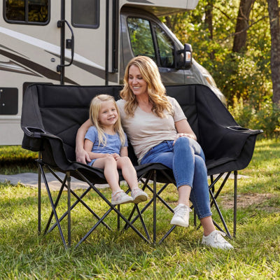Double Camping Chair with Cup Holders Glass Racks and Mesh Pockets-Black
