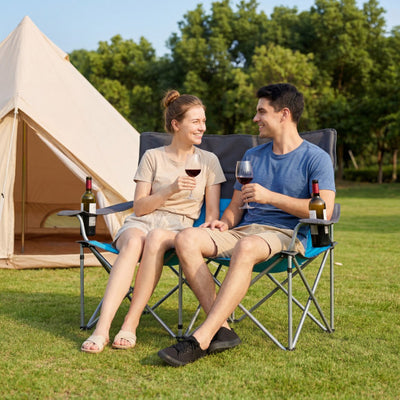 Double Camping Chair with Carry Bag Cup Holders-Blue