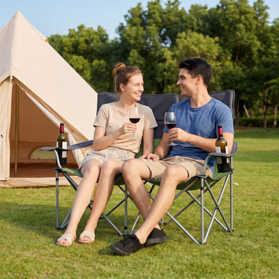 Double Camping Chair with Carry Bag Cup Holders-Green