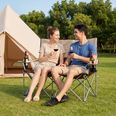 Double Camping Chair with Carry Bag Cup Holders-Brown
