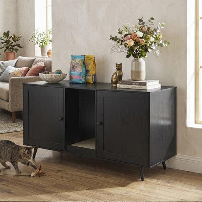 Double Cat Litter Box Enclosure for 2 Cats with Scratching Pad and Double Rooms-Black