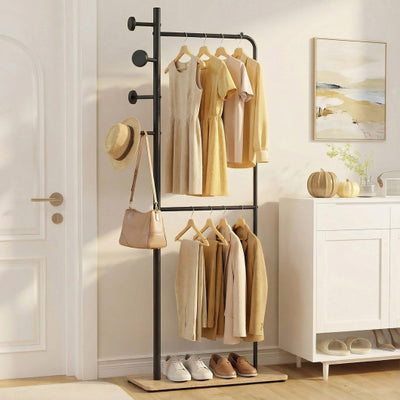 Double Rods Clothes Hanging Rack with Rubber Wood Hooks