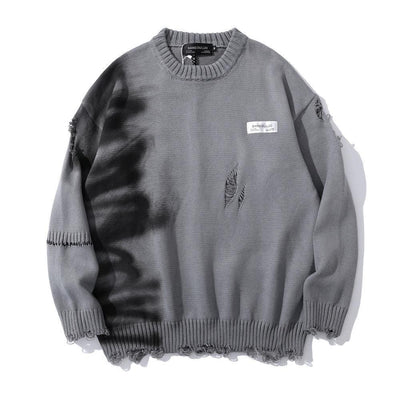 Graffiti Print Crew Neck Knit Sweater Men's Loose Fit Pullover with Hem Holes Street Style Trendy Design