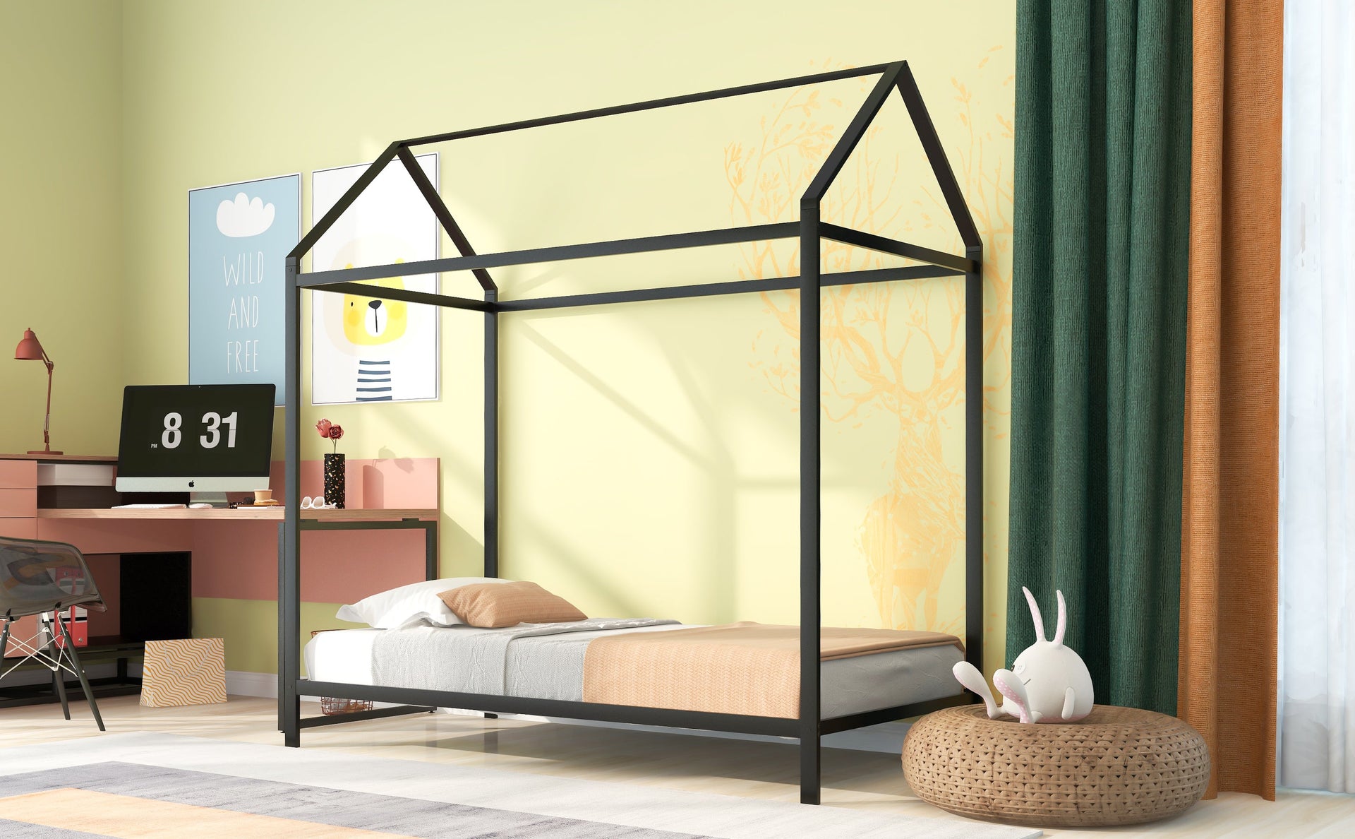 House Bed Frame Twin Size Kids Bed Frame Metal Platform Bed Floor Bed for Kids Boys Girls No Box Spring Needed Black