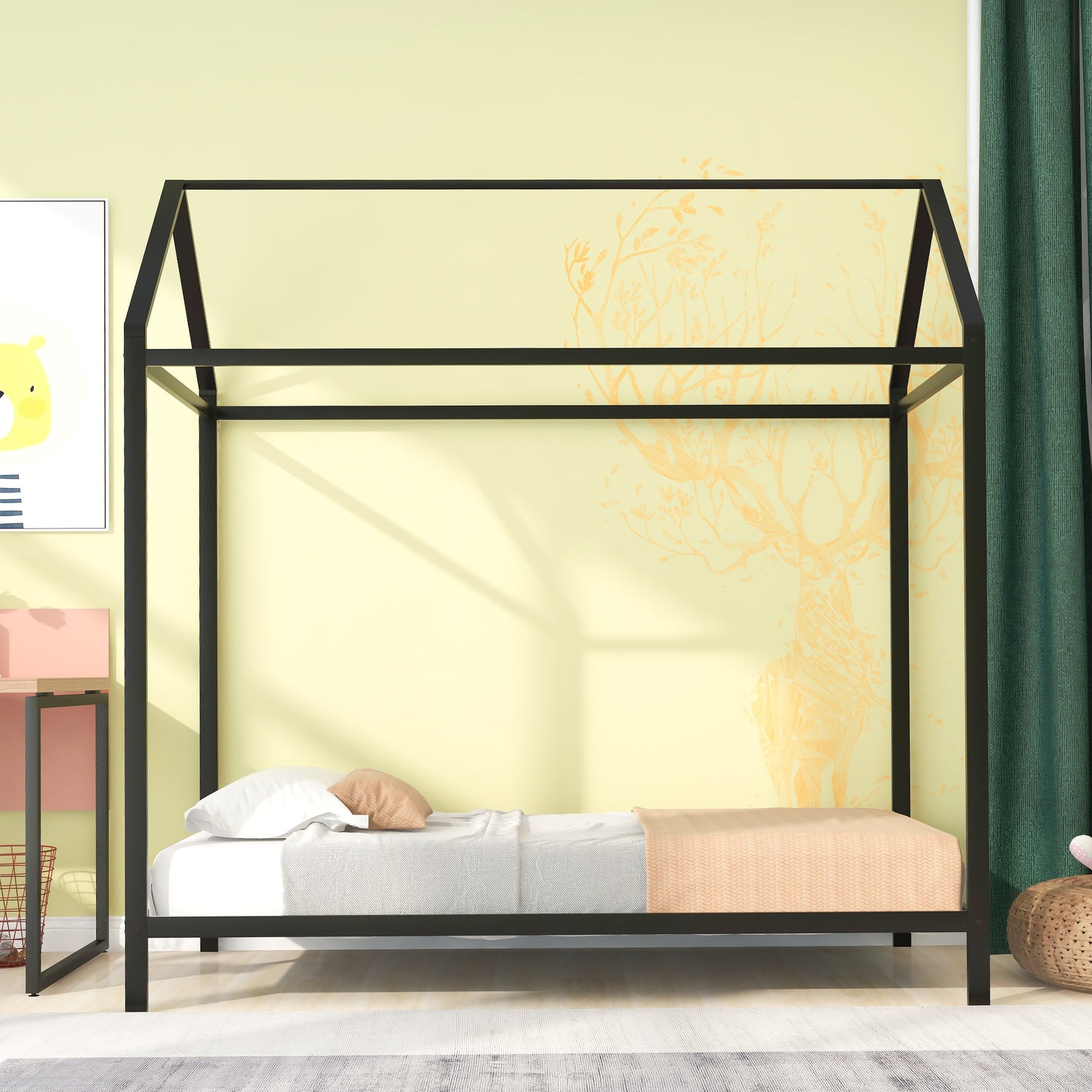 House Bed Frame Twin Size Kids Bed Frame Metal Platform Bed Floor Bed for Kids Boys Girls No Box Spring Needed Black