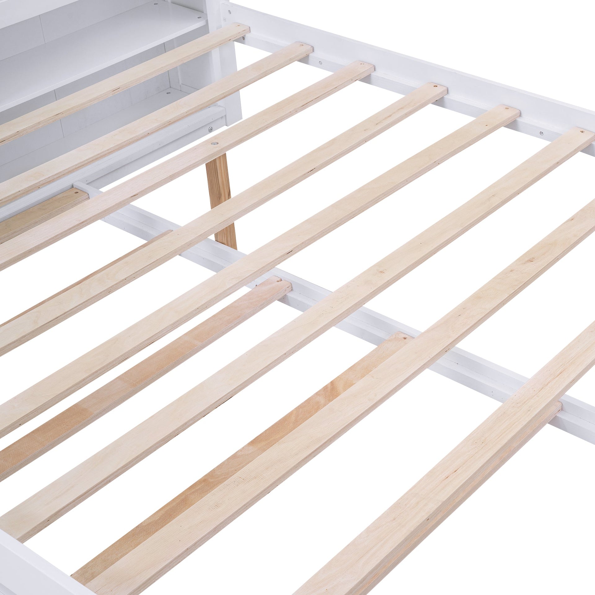Queen Size Storage Platform Bed with Pull Out Shelves and Twin XL Size Trundle White