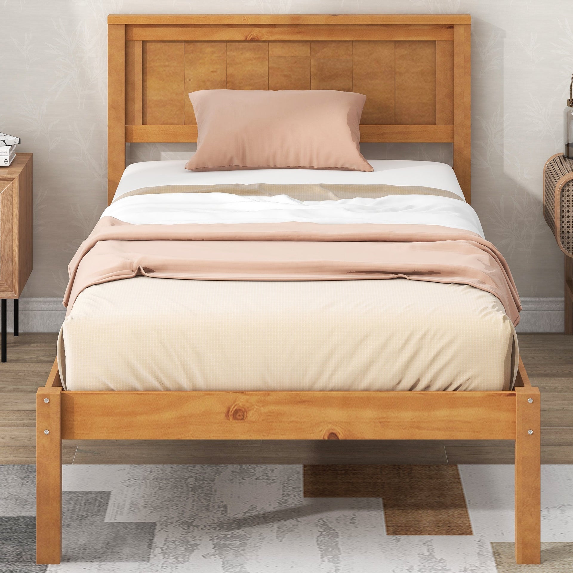 Platform Bed Frame with Headboard Wood Slat Support No Box Spring Needed Twin Oak