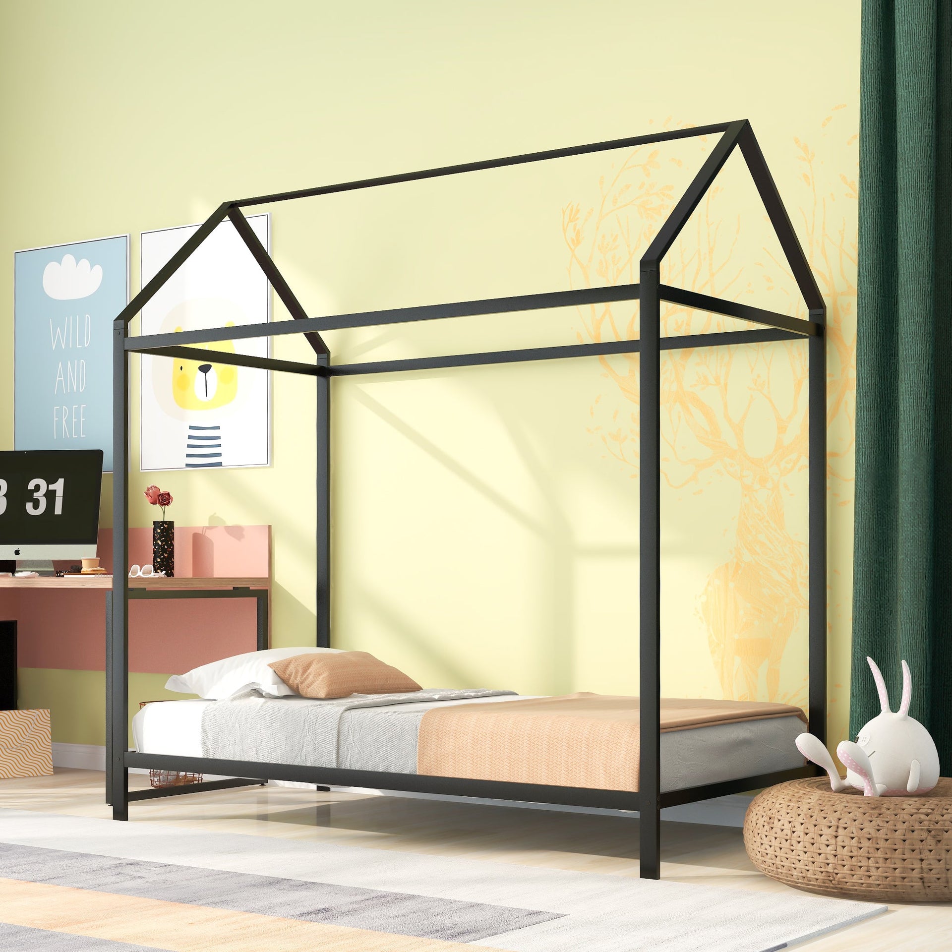 House Bed Frame Twin Size Kids Bed Frame Metal Platform Bed Floor Bed for Kids Boys Girls No Box Spring Needed Black