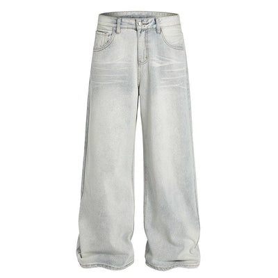 American Cleanfit Washed Denim Long Pants Men's Vintage Street Fashion Loose Straight Leg Distressed Wide Leg Dad Trousers