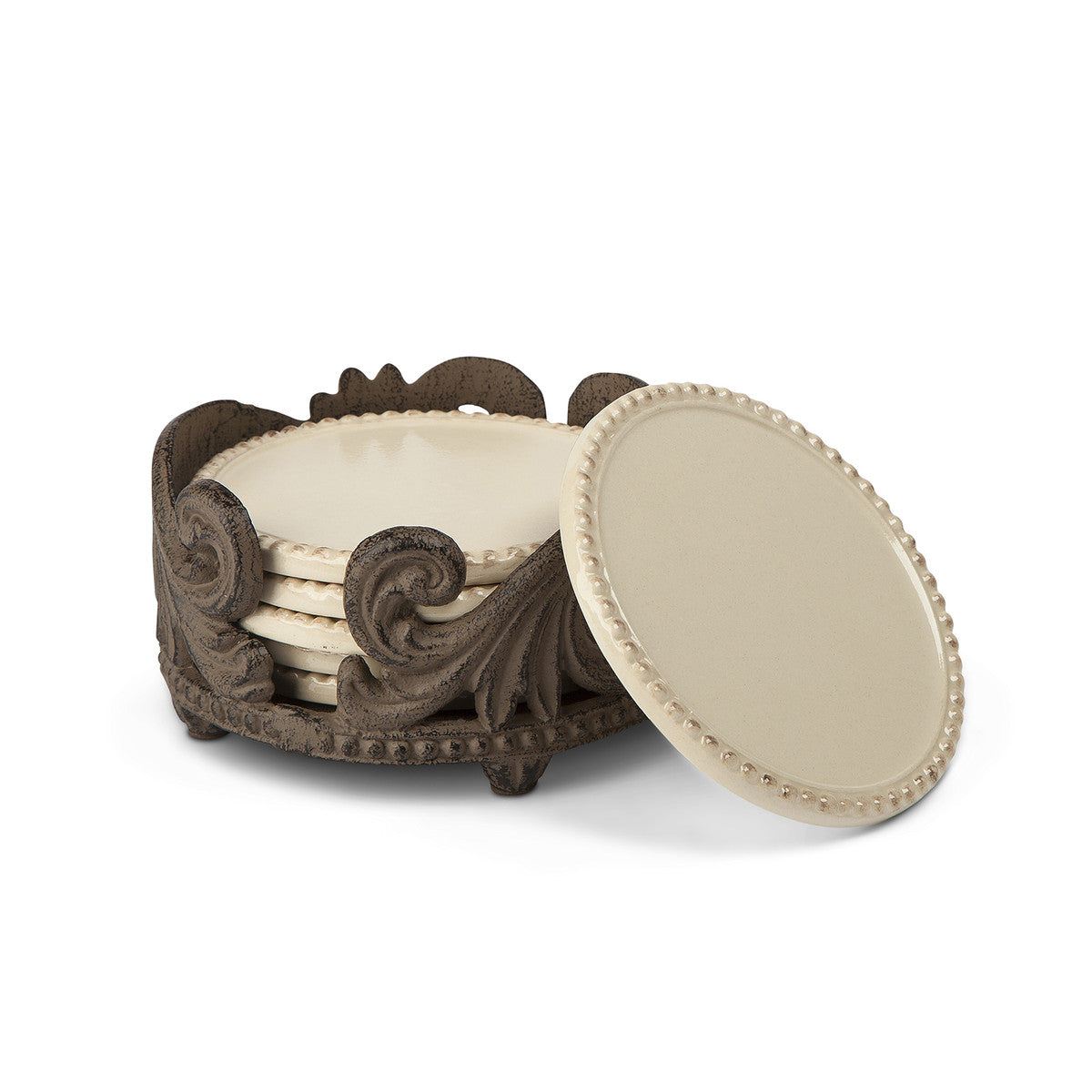 Acanthus Stoneware Coaster Set of 4 with metal Base