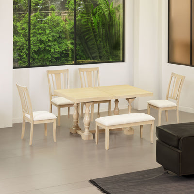 Traditional 6-Piece 78inch Trestle Extendable Dining Table Set with One 18inch Removable Leaf Padded Dining Chairs Bench,Natural