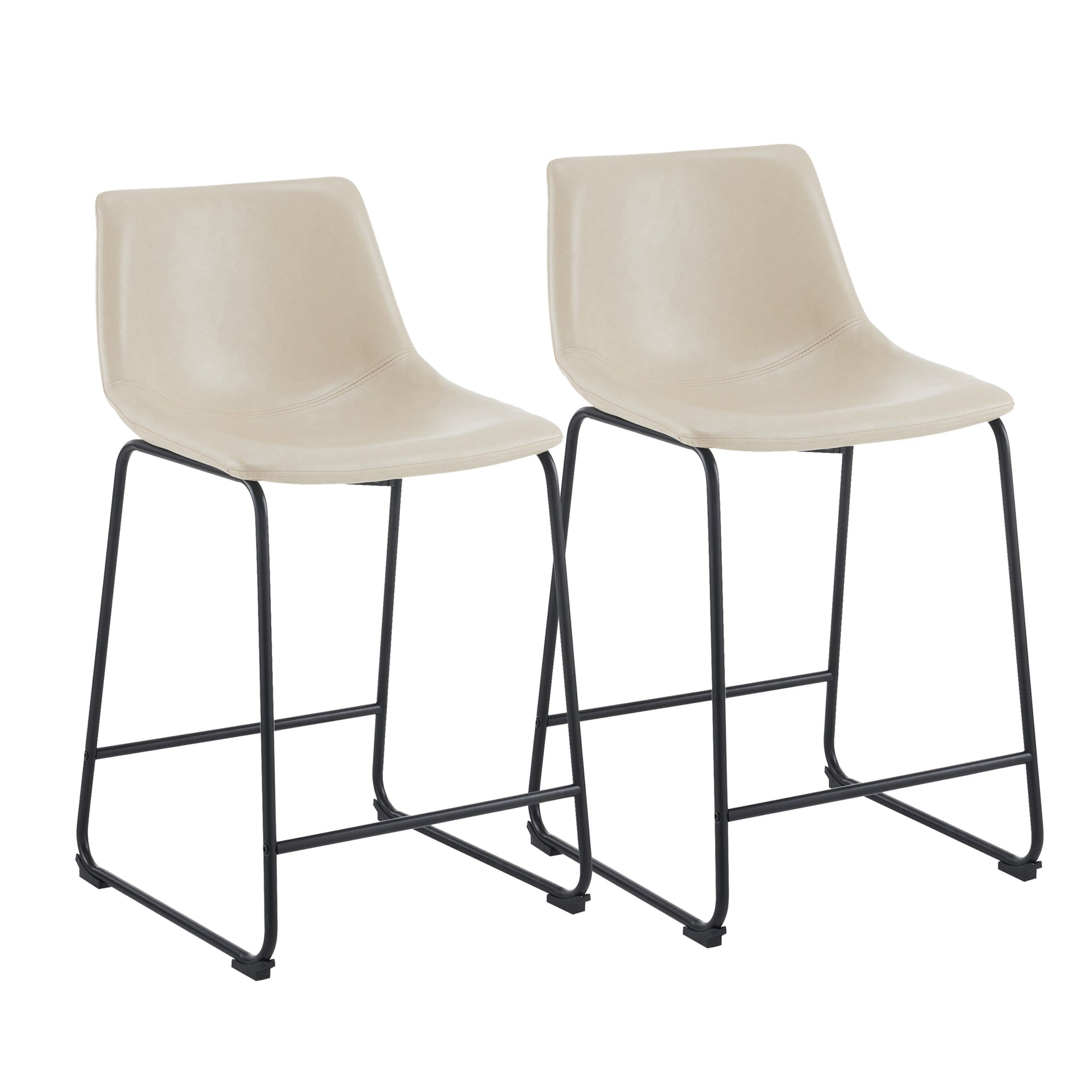 (2 sets) Retro style 24 inch armless industrial faux leather counter stool with metal legs and footrests, cream and black