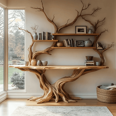 Elarion Tree Trunk Sculpted Solid Wood Console Table with Shelves