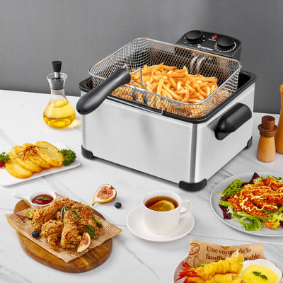 Electric Deep Fryer 5.3QT/21-Cup Stainless Steel 1700W with Triple Basket-Silver