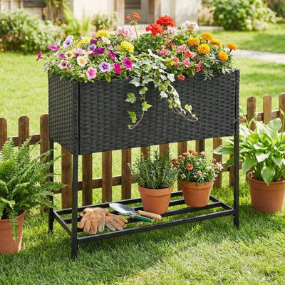 Elevated Garden Planter with Rattan Finish Bottom Shelf-Black