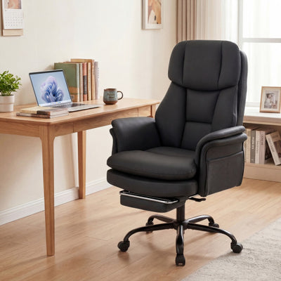 Ergonomic Cross Legged Office Chair Big and Tall Executive Chair with Retractable Footrest-Black