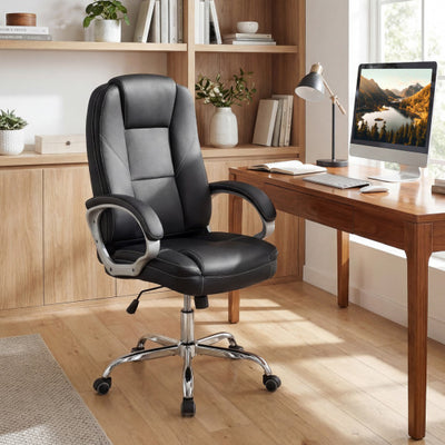 Ergonomic Leather Office Chair with Padded Armrests and Rocking Backrest-Black