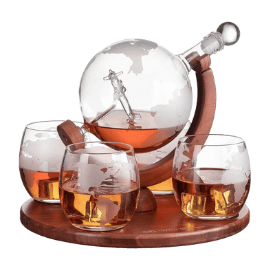 Etched World Decanter whiskey Globe - The Wine Savant Whiskey Gift Set Globe Decanter with Antique Airplane, Whiskey Stones and 4 World Map Glasses, Pilot Gift - Alcohol Related Gift, HOME BAR DECOR