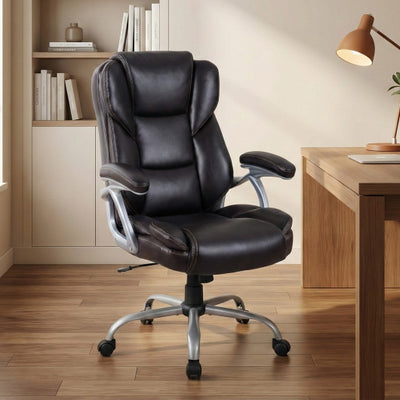 Executive Office Chair Leather Ergonomic Computer Desk Chair with Padded Seat and Armrests-Brown