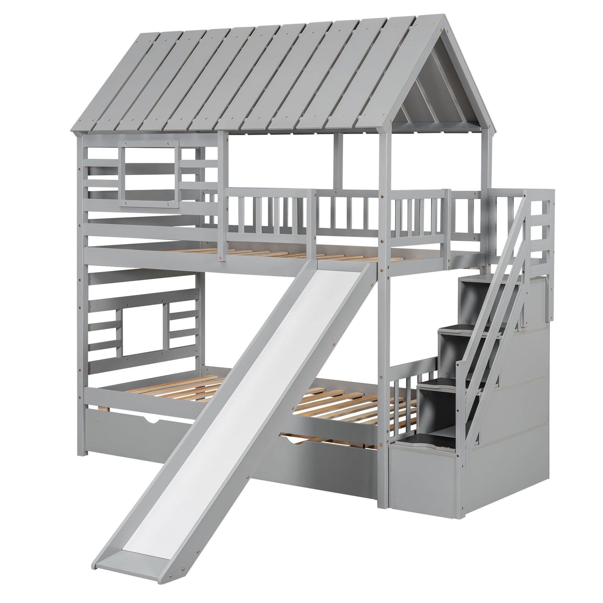 Twin over Twin House Bunk Bed with Trundle and Slide Storage Staircase, Roof and Window Design Gray