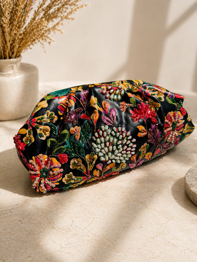 The Garden Ruche in Midnight — Hand-Beaded Luxury Clutch Bag