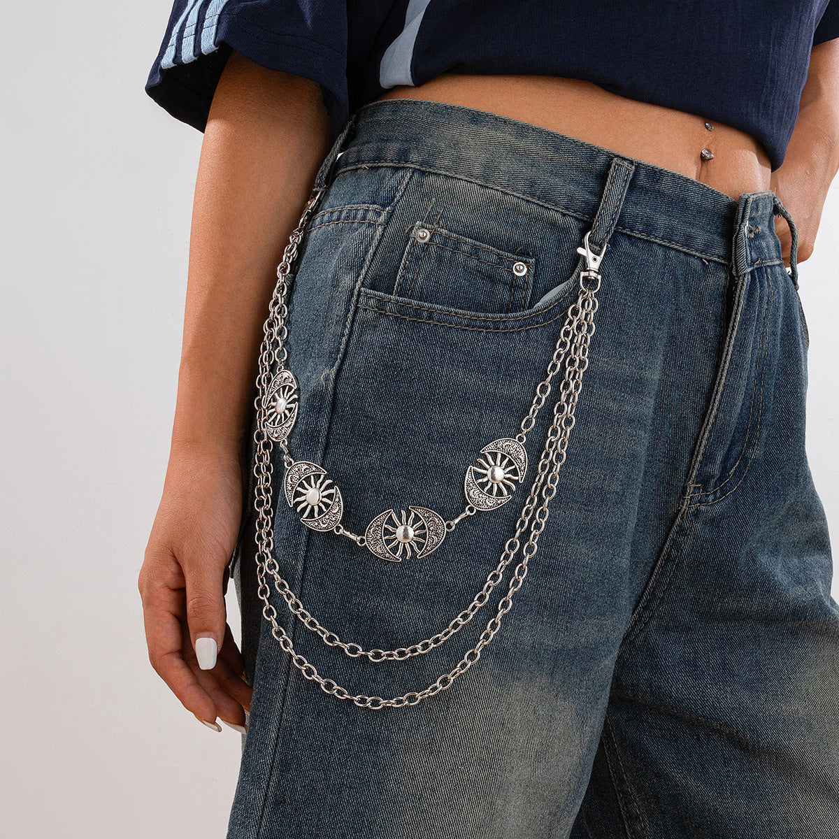 Punk style Moon Teeth Mushroom Cross Chain Pants Chain Street Fashion Multi layer Alloy Waist Chain