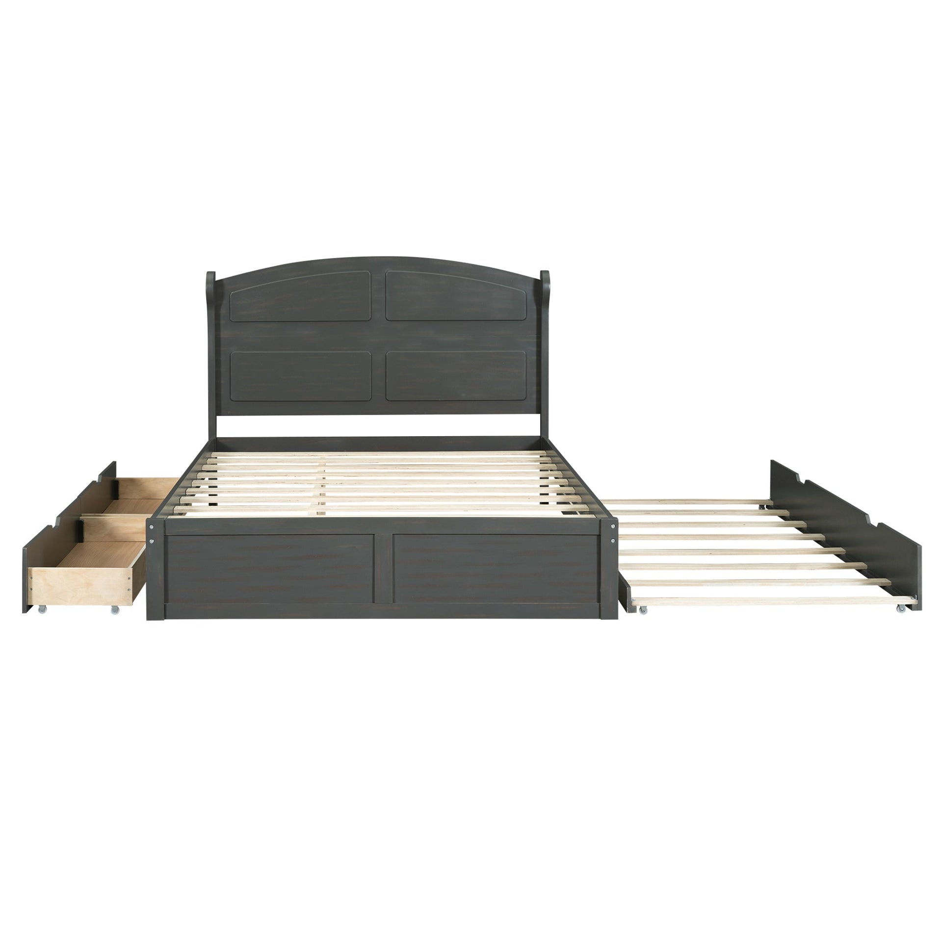 Wood Queen Size Platform Bed with Twin Size Trundle and 2 Drawers Antique Gray