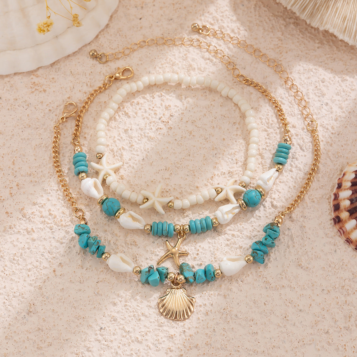 Vacation beach style turquoise set with special dense chain, simple starfish multi-layer rice bead ankle chain