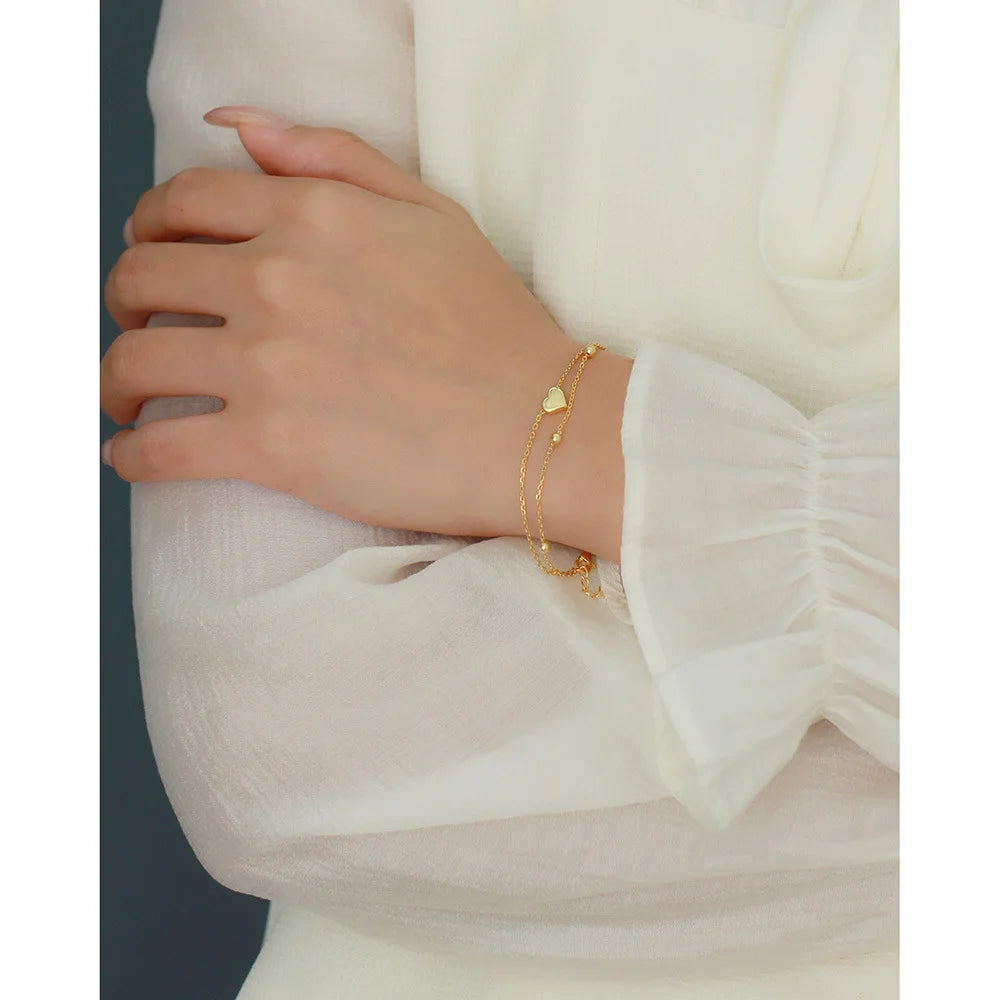 925 Sterling Silver Double Layer Heart-shaped Bracelet for Women Girl Korean Style Small Fresh Summer Bracelet